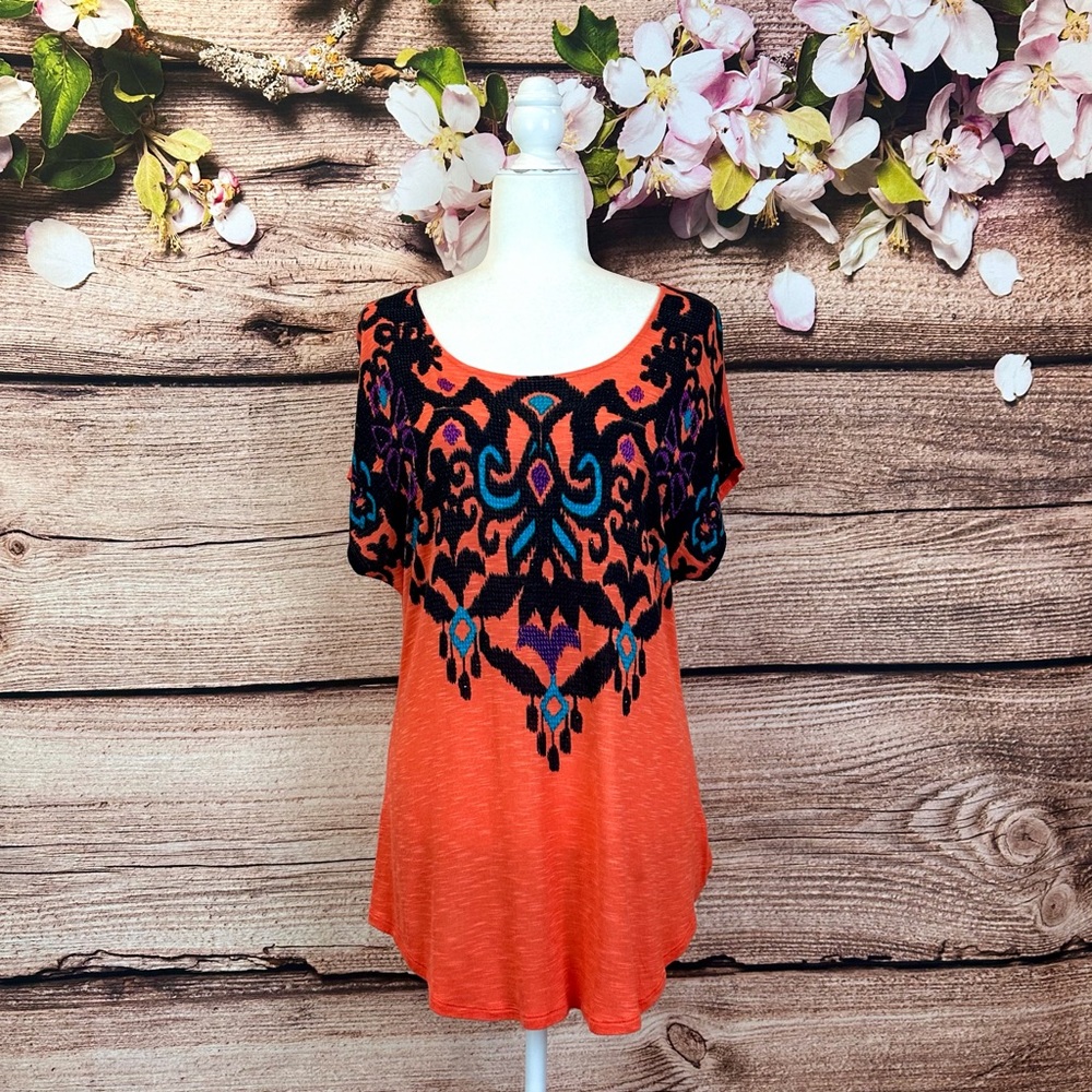 SOLD 🛍️ Women’s Rayon Boho Abstract Sparkle Beaded Long Line Blouse Top XL